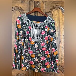 Tory Burch Black Long-Sleeve Floral Tunic with Pink & Orange Accents Size 10